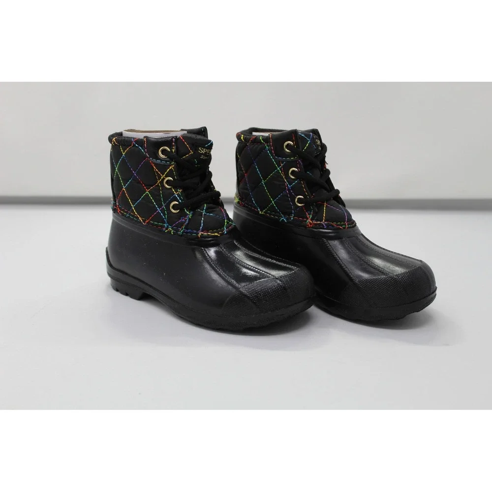 Sperry Port Rainbow Rain Duck Boots 10M Lace Up Quilted Black SCK166394